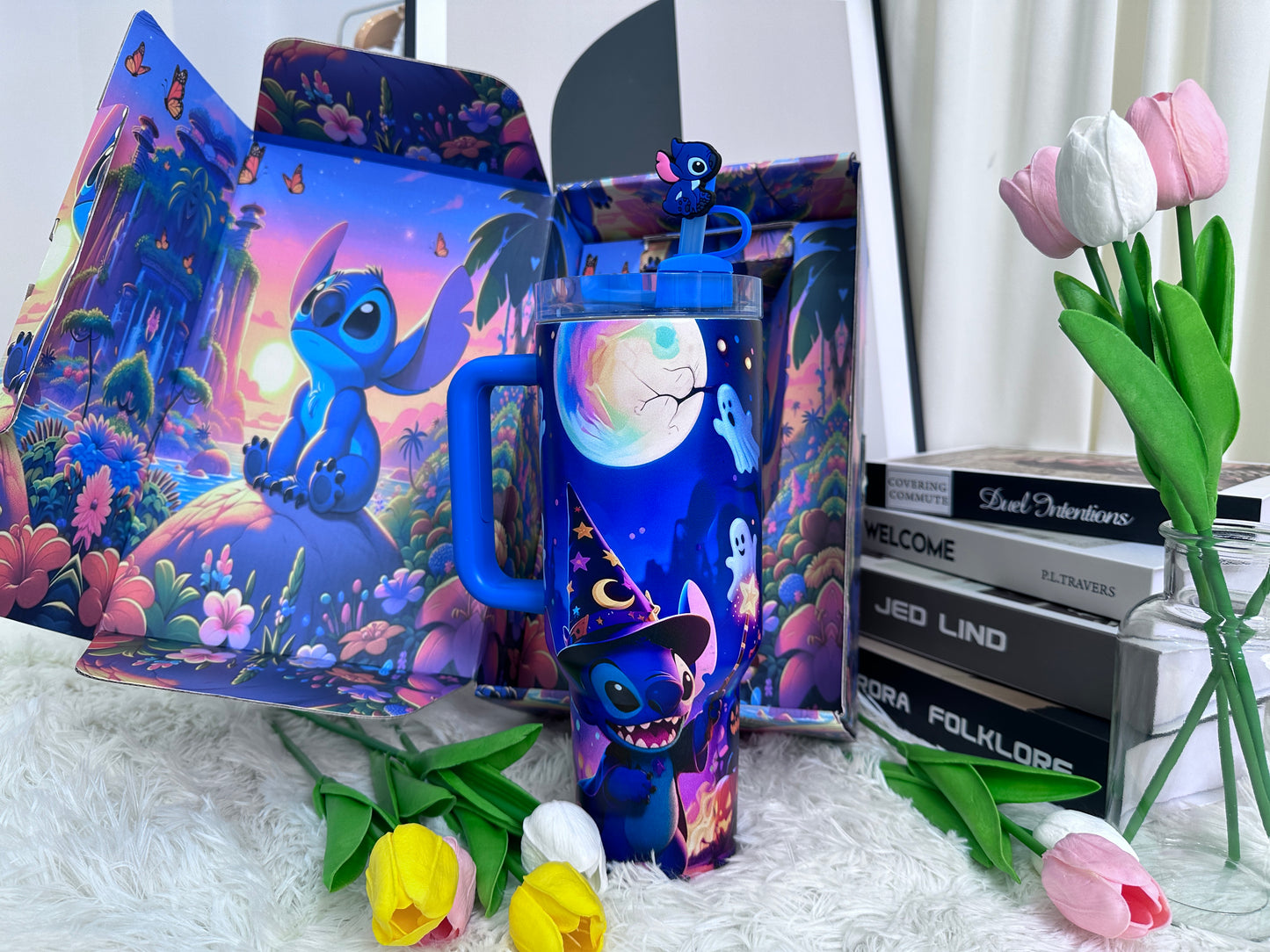 “Magical Night” Stainless Steel Insulated Tumbler | 40oz Gradient Blue-Purple Edition with Handle & 3D Straw Topper