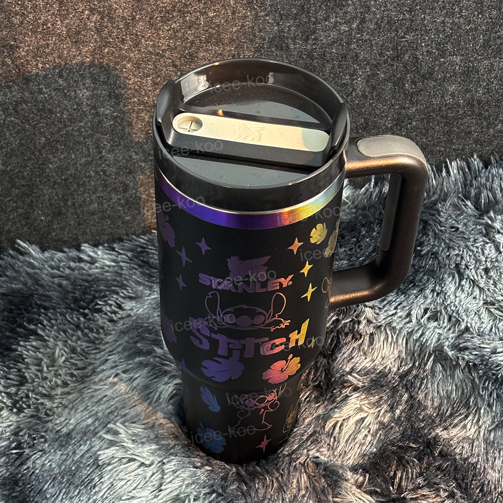 “Holographic Night” Stainless Steel Insulated Tumbler | 40oz Black Iridescent Edition with Handle & Leak-Proof Lid