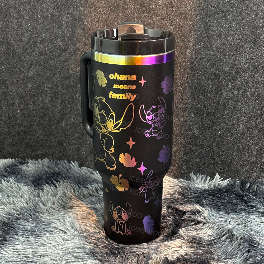 “Holographic Night” Stainless Steel Insulated Tumbler | 40oz Black Iridescent Edition with Handle & Leak-Proof Lid