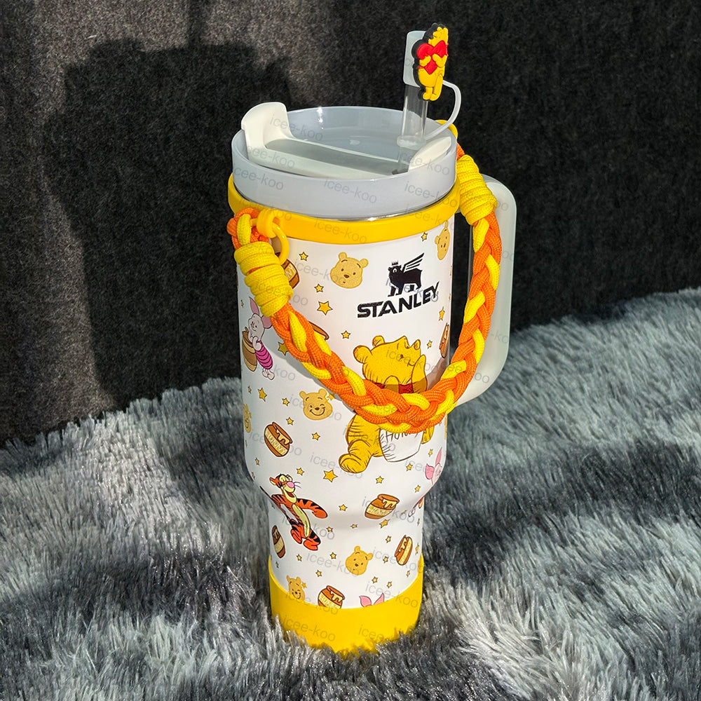 Winnie the Pooh Stainless Steel Tumbler | 40oz Large-Capacity Insulated Travel Mug with Straw & Braided Handle