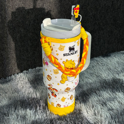 Winnie the Pooh Stainless Steel Tumbler | 40oz Large-Capacity Insulated Travel Mug with Straw & Braided Handle