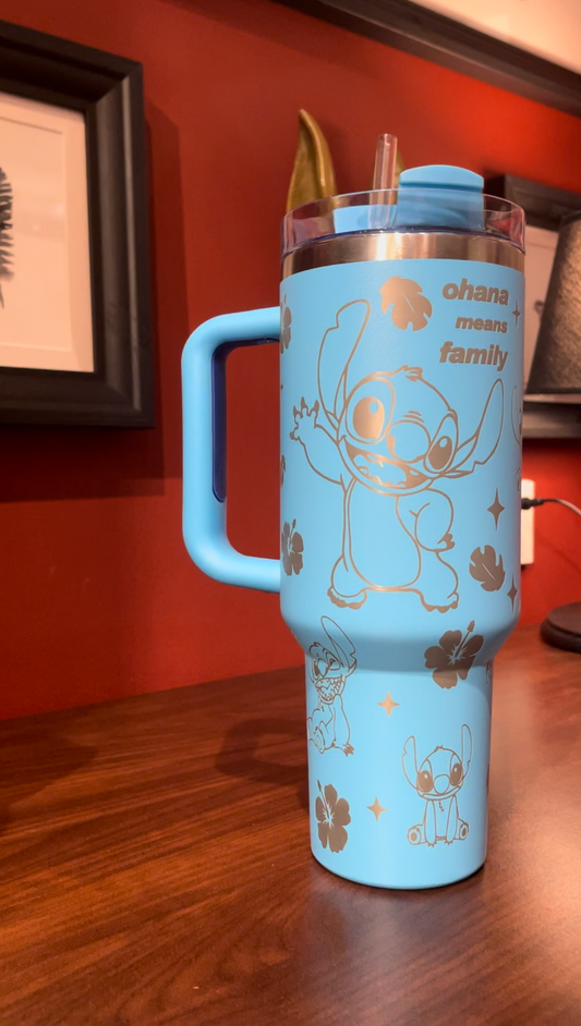 “Ohana Means Family” Stainless Steel Insulated Tumbler | 40oz Blue Limited Edition with Handle & Straw