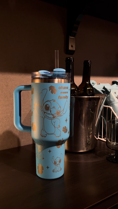 “Ohana Means Family” Stainless Steel Insulated Tumbler | 40oz Blue Limited Edition with Handle & Straw