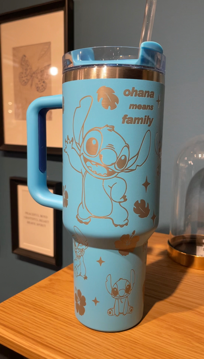 “Ohana Means Family” Stainless Steel Insulated Tumbler | 40oz Blue Limited Edition with Handle & Straw