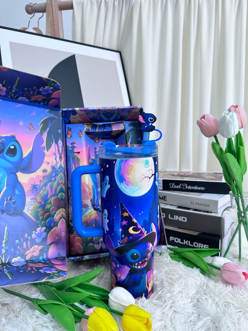 “Magical Night” Stainless Steel Insulated Tumbler | 40oz Gradient Blue-Purple Edition with Handle & 3D Straw Topper