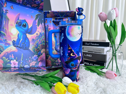 “Magical Night” Stainless Steel Insulated Tumbler | 40oz Gradient Blue-Purple Edition with Handle & 3D Straw Topper