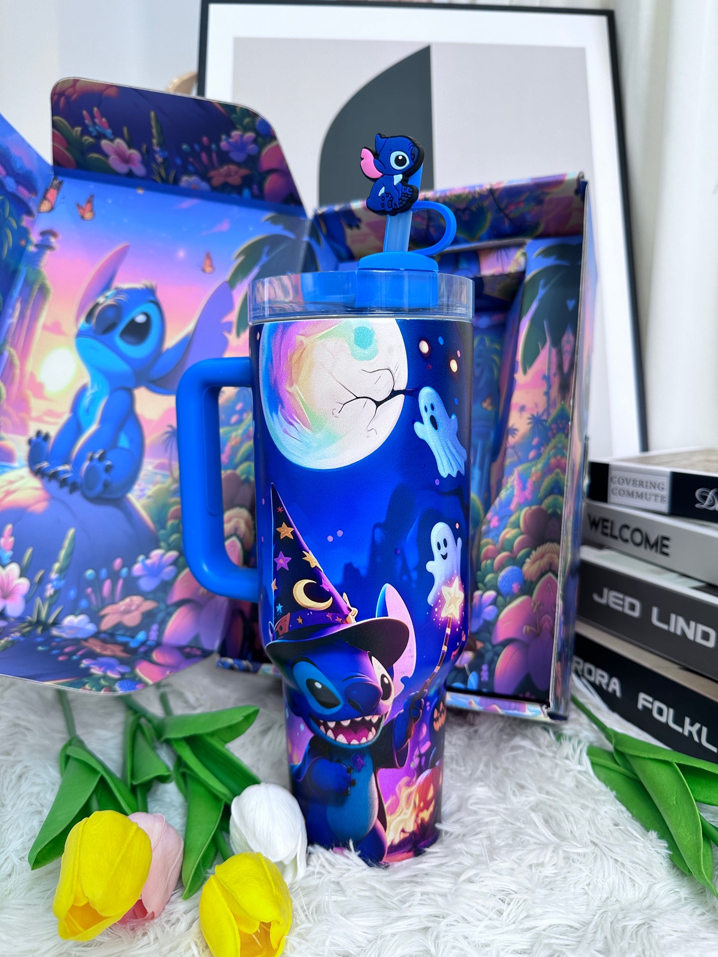 “Magical Night” Stainless Steel Insulated Tumbler | 40oz Gradient Blue-Purple Edition with Handle & 3D Straw Topper