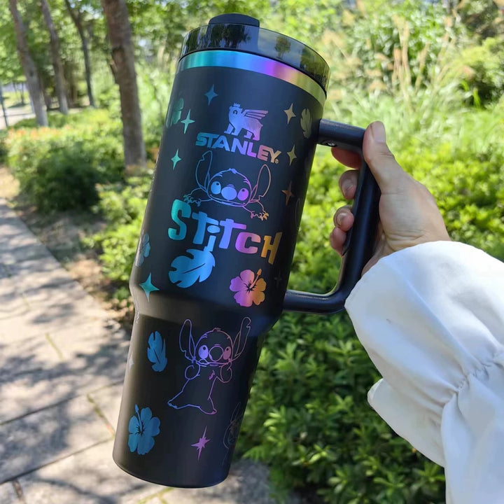 “Holographic Night” Stainless Steel Insulated Tumbler | 40oz Black Iridescent Edition with Handle & Leak-Proof Lid