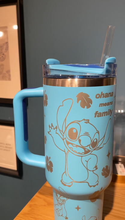 “Ohana Means Family” Stainless Steel Insulated Tumbler | 40oz Blue Limited Edition with Handle & Straw